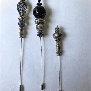 Vintage Set of 3 Silver & Black Stick Pins